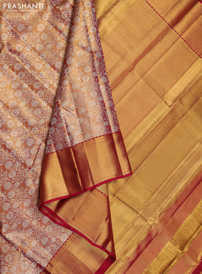 Pure kanchipuram tissue silk saree dual shade of gold and maroon with allover zari woven brocade weaves and long zari woven border