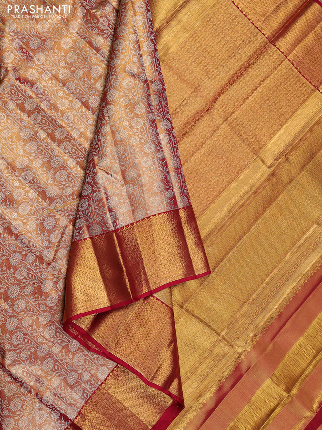 Pure kanchipuram tissue silk saree dual shade of gold and maroon with allover zari woven brocade weaves and long zari woven border