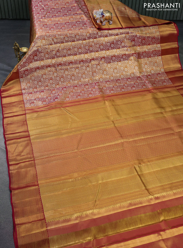 Pure kanchipuram tissue silk saree dual shade of gold and maroon with allover zari woven brocade weaves and long zari woven border