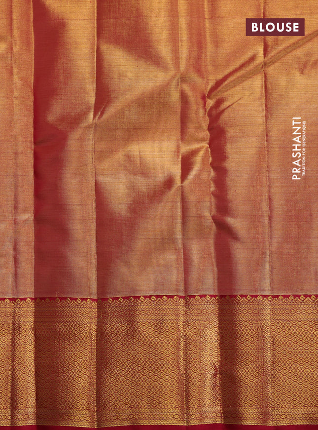 Pure kanchipuram tissue silk saree dual shade of gold and maroon with allover zari woven brocade weaves and long zari woven border