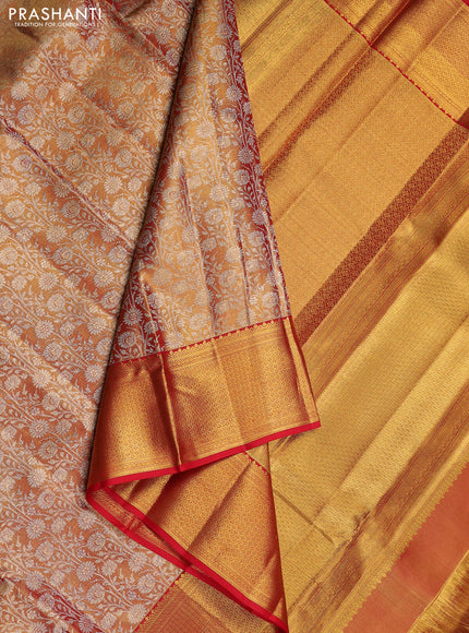 Pure kanchipuram tissue silk saree dual shade of gold and red with allover zari woven brocade weaves and long zari woven border