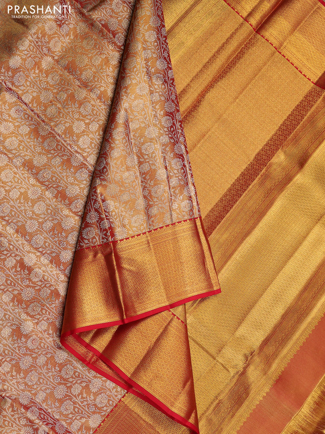 Pure kanchipuram tissue silk saree dual shade of gold and red with allover zari woven brocade weaves and long zari woven border
