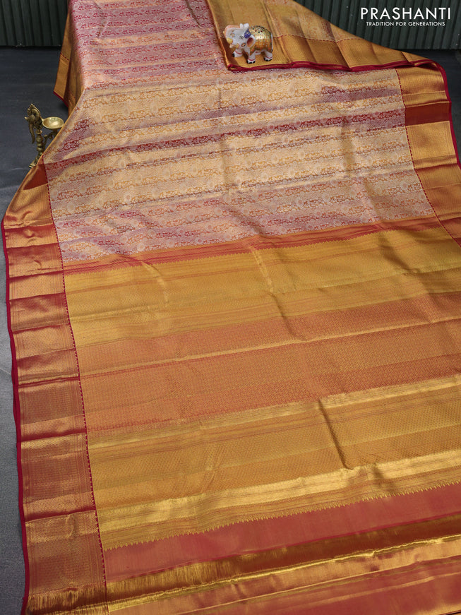 Pure kanchipuram tissue silk saree dual shade of gold and red with allover zari woven brocade weaves and long zari woven border