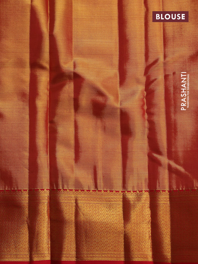 Pure kanchipuram tissue silk saree dual shade of gold and red with allover zari woven brocade weaves and long zari woven border