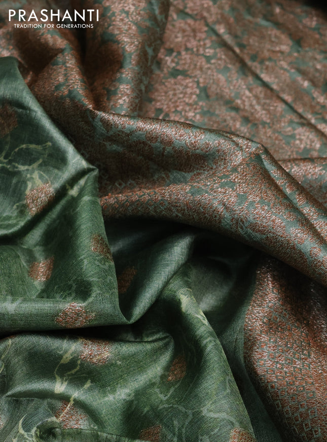 Banarasi tussar silk saree green with woven buttas & floral digital prints and piping border