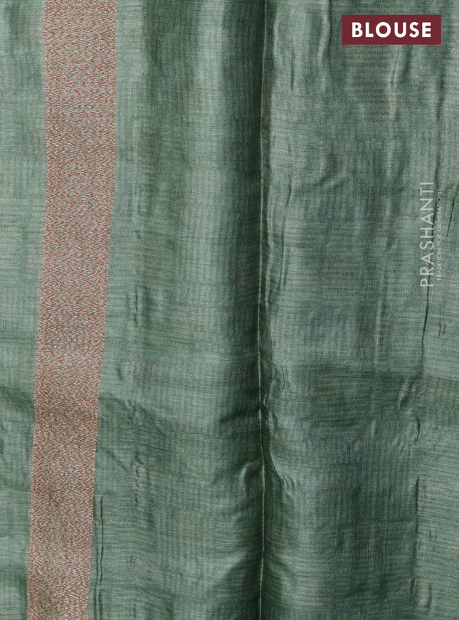 Banarasi tussar silk saree green with woven buttas & floral digital prints and piping border