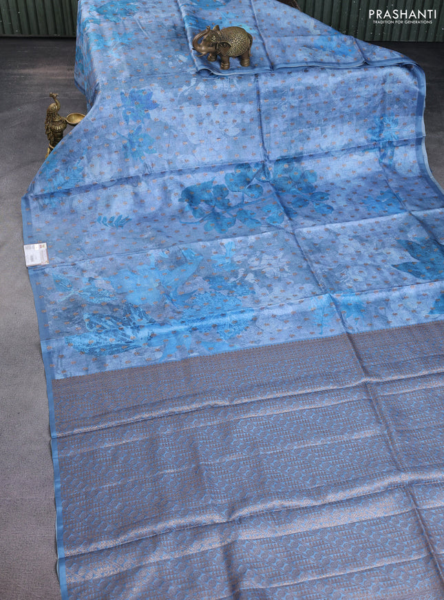 Banarasi tussar silk saree pastel blue with woven buttas & floral digital prints and piping border