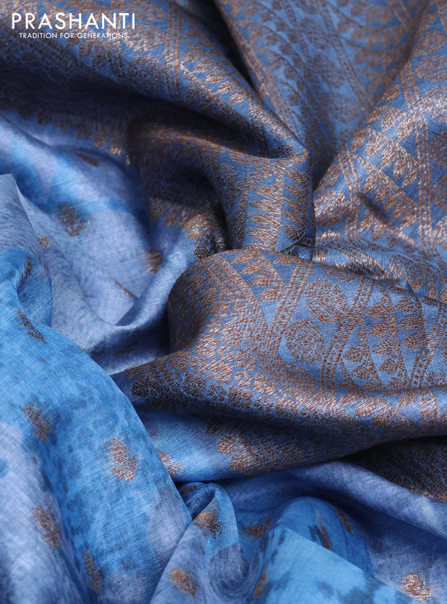 Banarasi tussar silk saree pastel blue with woven buttas & floral digital prints and piping border