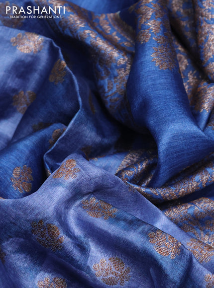 Banarasi tussar silk saree blue with woven buttas & floral digital prints and piping border