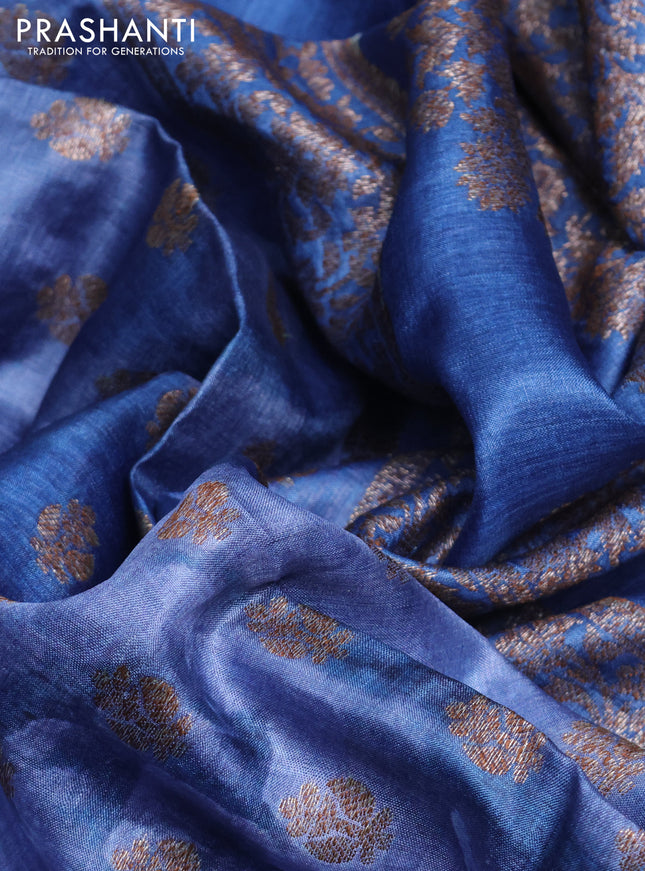 Banarasi tussar silk saree blue with woven buttas & floral digital prints and piping border