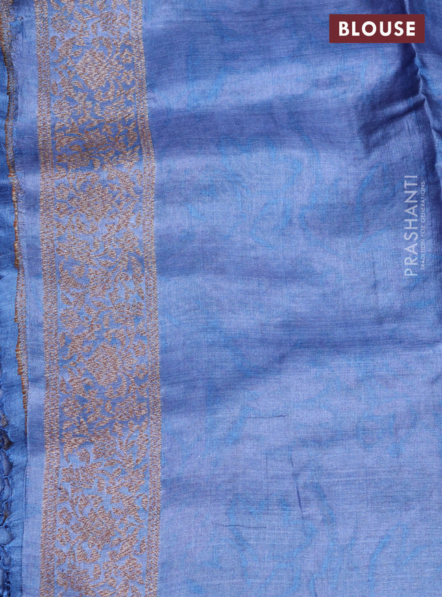 Banarasi tussar silk saree blue with woven buttas & floral digital prints and piping border