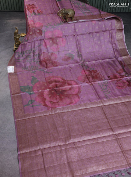 Banarasi tussar silk saree rosey brown with woven buttas & floral digital prints and woven border