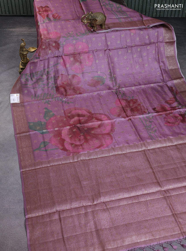 Banarasi tussar silk saree rosey brown with woven buttas & floral digital prints and woven border