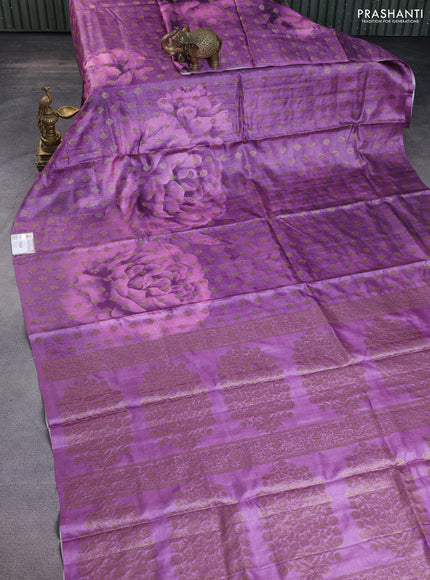 Banarasi tussar silk saree purple shade with woven buttas & floral digital prints and piping border