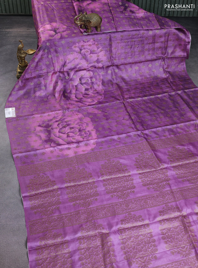 Banarasi tussar silk saree purple shade with woven buttas & floral digital prints and piping border