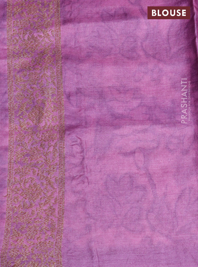 Banarasi tussar silk saree purple shade with woven buttas & floral digital prints and piping border