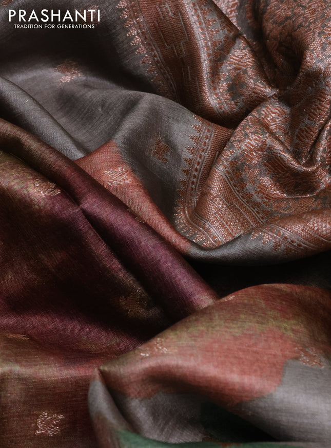 Banarasi tussar silk saree grey shade with woven buttas & floral digital prints and woven border