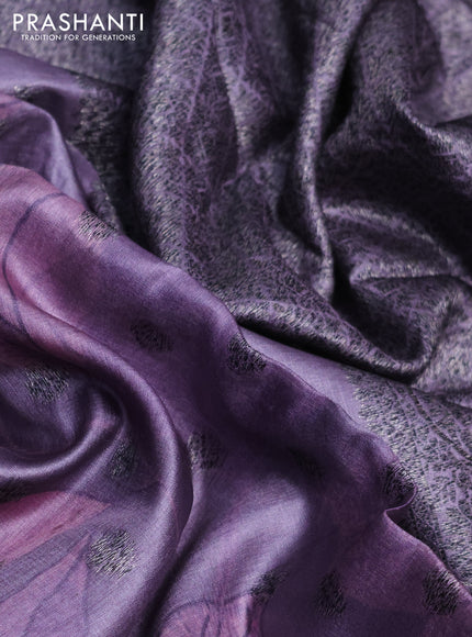 Banarasi tussar silk saree pastel lavender with woven buttas & floral digital prints in borderless style