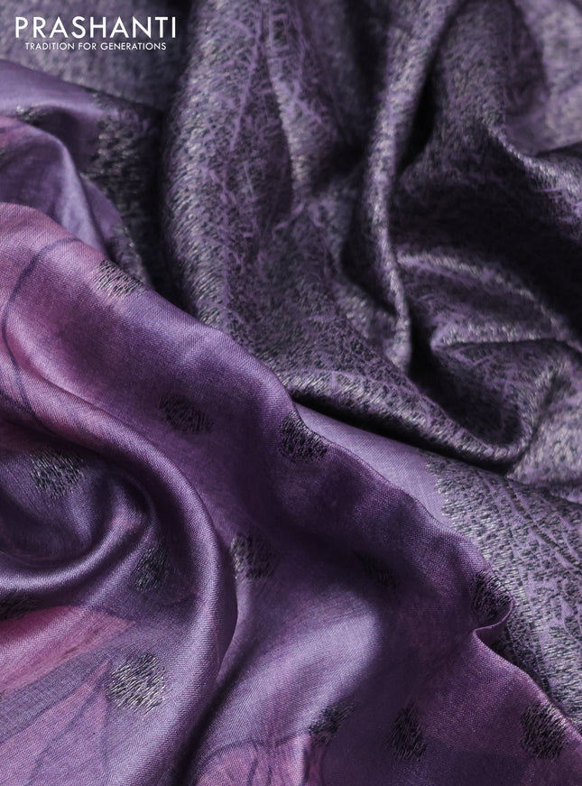 Banarasi tussar silk saree pastel lavender with woven buttas & floral digital prints in borderless style