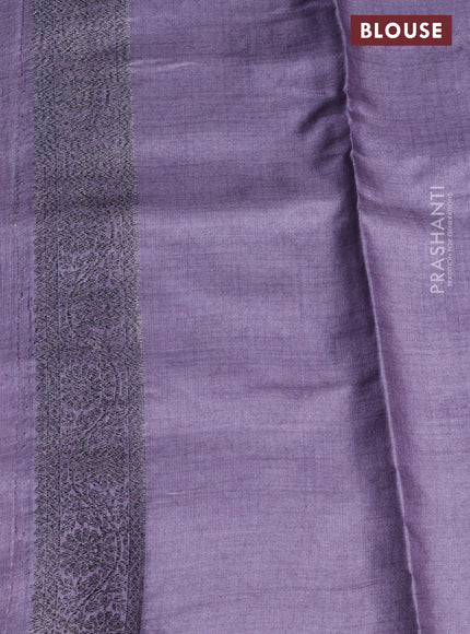 Banarasi tussar silk saree pastel lavender with woven buttas & floral digital prints in borderless style