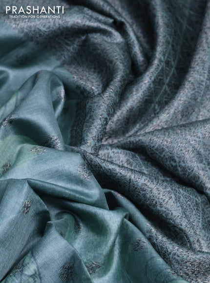 Banarasi tussar silk saree pastel blue shade with woven buttas & floral digital prints in borderless style