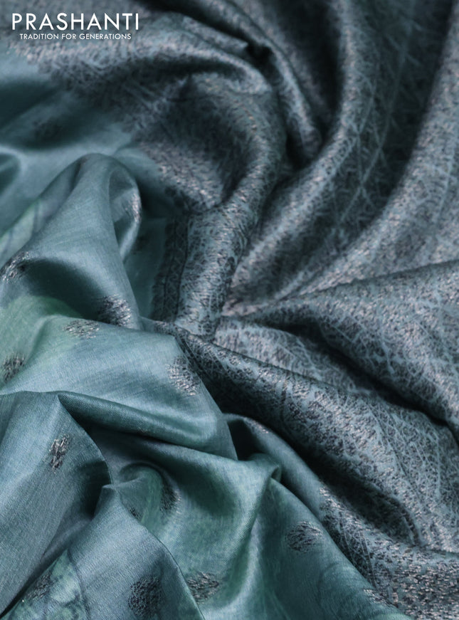 Banarasi tussar silk saree pastel blue shade with woven buttas & floral digital prints in borderless style