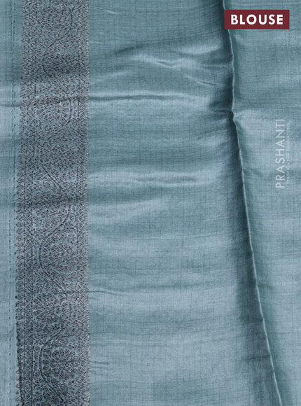 Banarasi tussar silk saree pastel blue shade with woven buttas & floral digital prints in borderless style