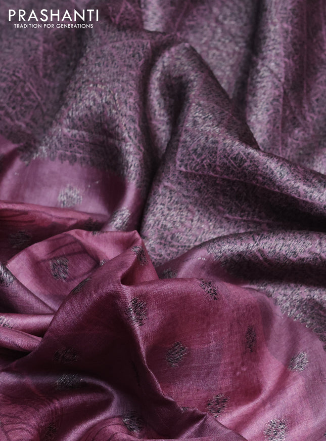 Banarasi tussar silk saree rosey brown with woven buttas & floral digital prints in borderless style