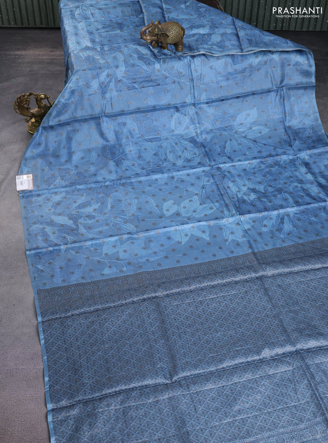 Banarasi tussar silk saree pastel blue with woven buttas & floral digital prints in borderless style