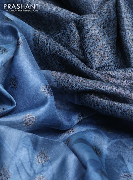 Banarasi tussar silk saree pastel blue with woven buttas & floral digital prints in borderless style