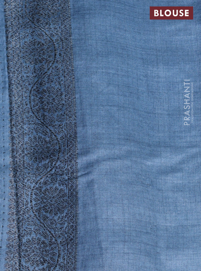 Banarasi tussar silk saree pastel blue with woven buttas & floral digital prints in borderless style