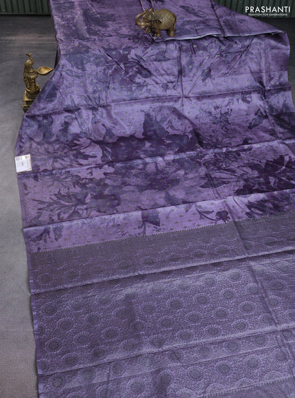 Banarasi tussar silk saree pastel lavender with woven buttas & digital prints in borderless style