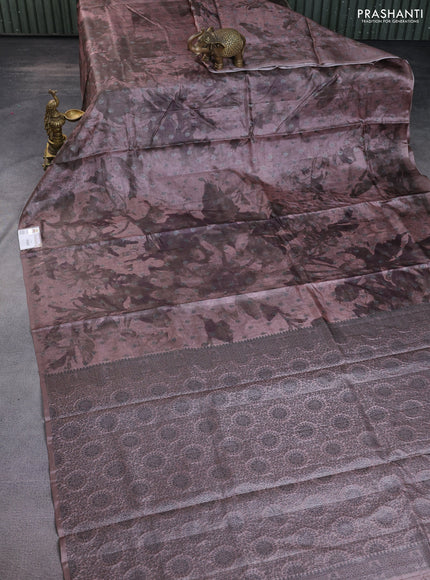 Banarasi tussar silk saree brown shade with woven buttas & digital prints in borderless style