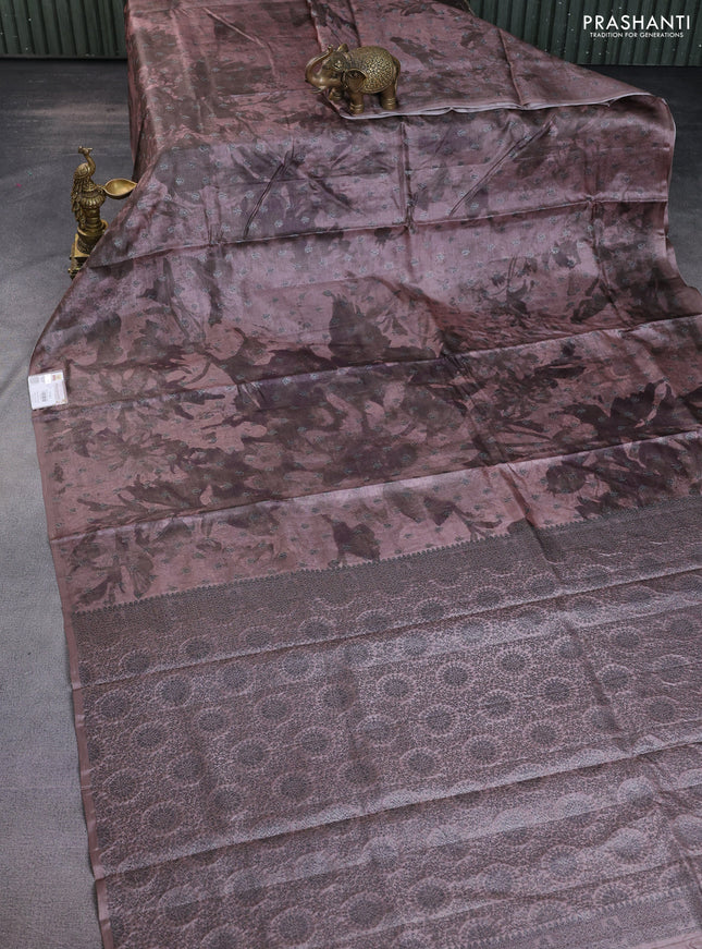 Banarasi tussar silk saree brown shade with woven buttas & digital prints in borderless style