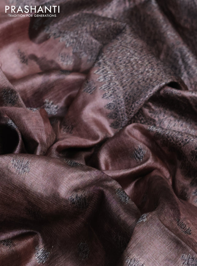 Banarasi tussar silk saree brown shade with woven buttas & digital prints in borderless style