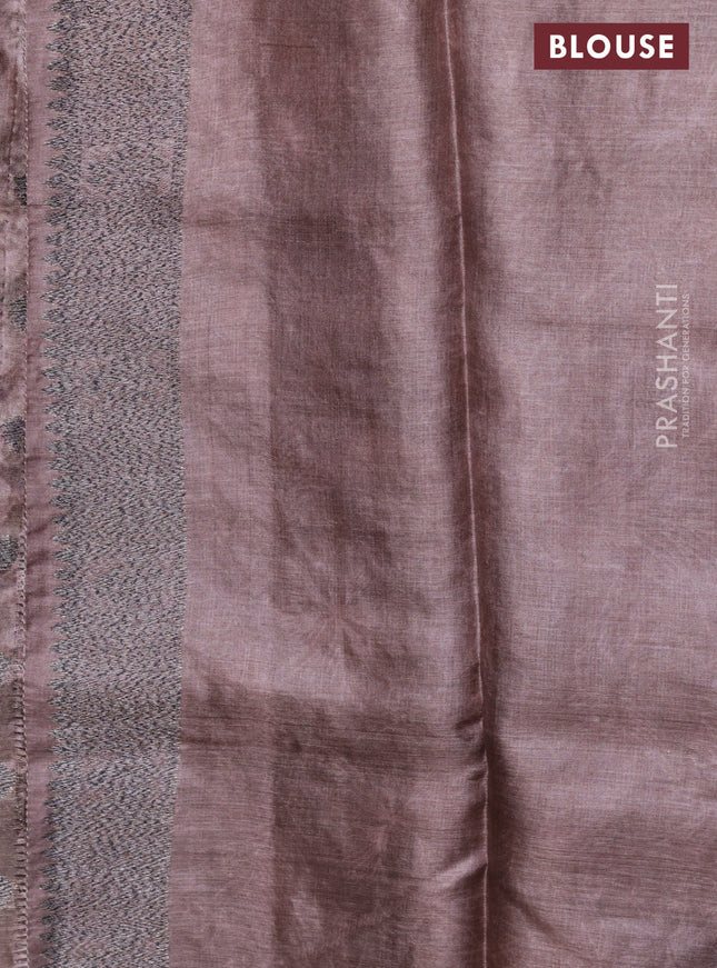 Banarasi tussar silk saree brown shade with woven buttas & digital prints in borderless style