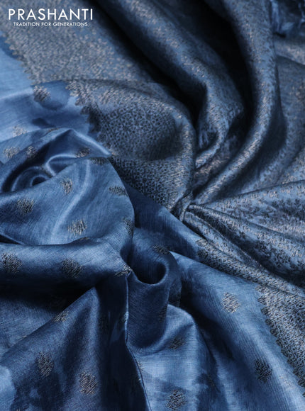 Banarasi tussar silk saree pastel blue with woven buttas & digital prints in borderless style