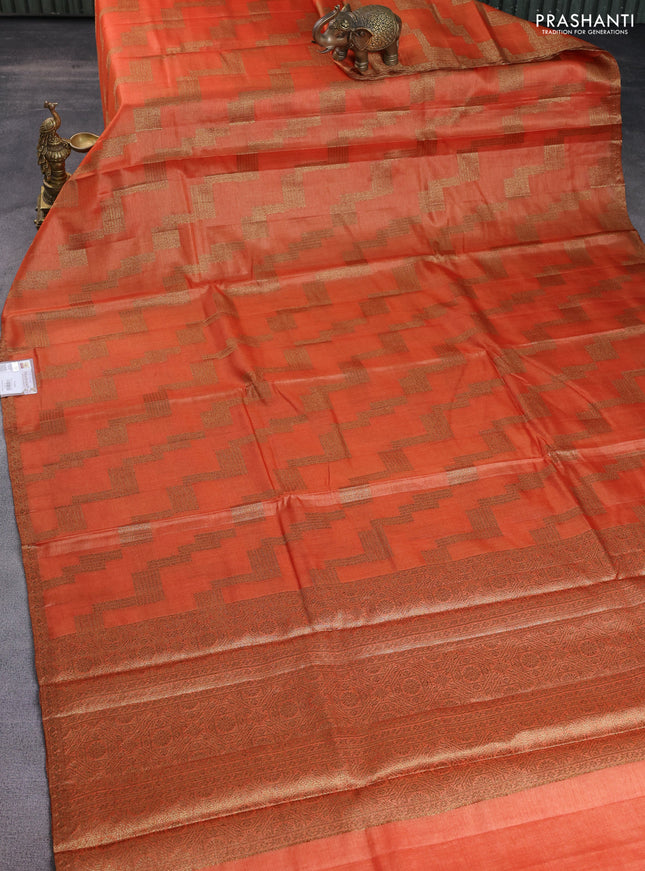 Banarasi tussar silk saree orange with allover thread & zari weaves and small woven border