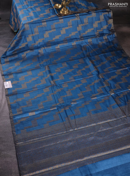 Banarasi tussar silk saree peacock blue shade with allover thread & zari weaves and small woven border