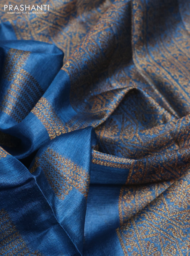 Banarasi tussar silk saree peacock blue shade with allover thread & zari weaves and small woven border