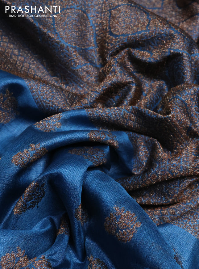 Banarasi tussar silk saree peacock blue with allover thread & zari buttas and small woven border