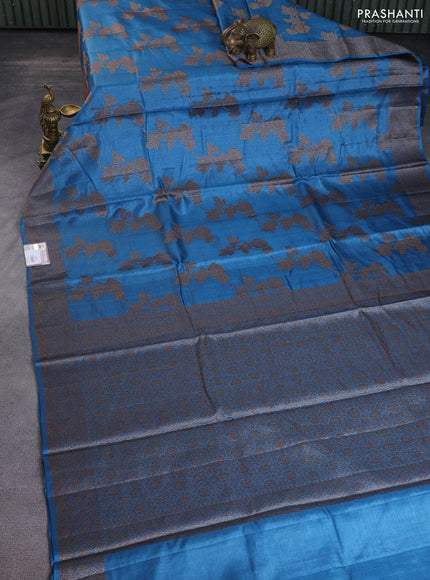 Banarasi tussar silk saree blue with thread & zari woven buttas and banarasi style border