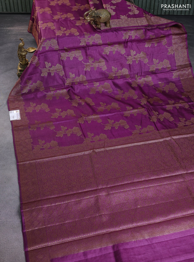 Banarasi tussar silk saree purple with thread & zari woven buttas and banarasi style border