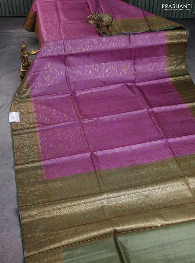 Banarasi tussar silk saree purple shade and green with allover thread & zari buttas and banarasi style border