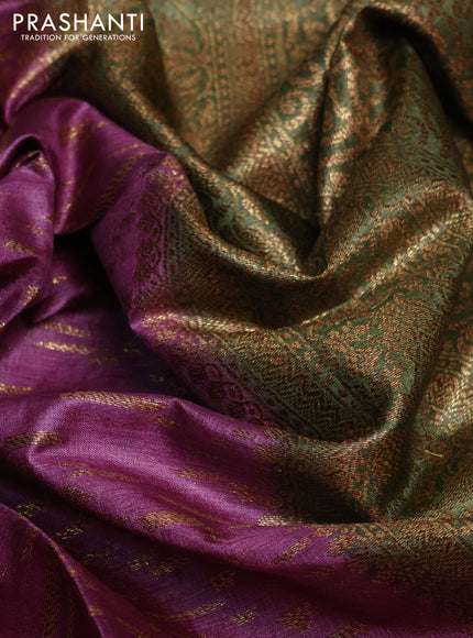 Banarasi tussar silk saree purple shade and green with allover thread & zari buttas and banarasi style border