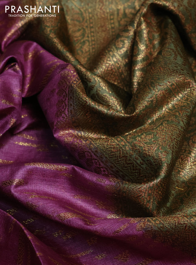 Banarasi tussar silk saree purple shade and green with allover thread & zari buttas and banarasi style border