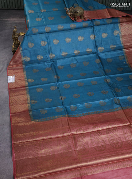 Banarasi tussar silk saree peacock blue and rust shade with thread & zari buttas and banarasi style border