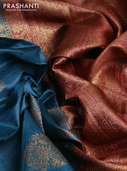 Banarasi tussar silk saree peacock blue and rust shade with thread & zari buttas and banarasi style border