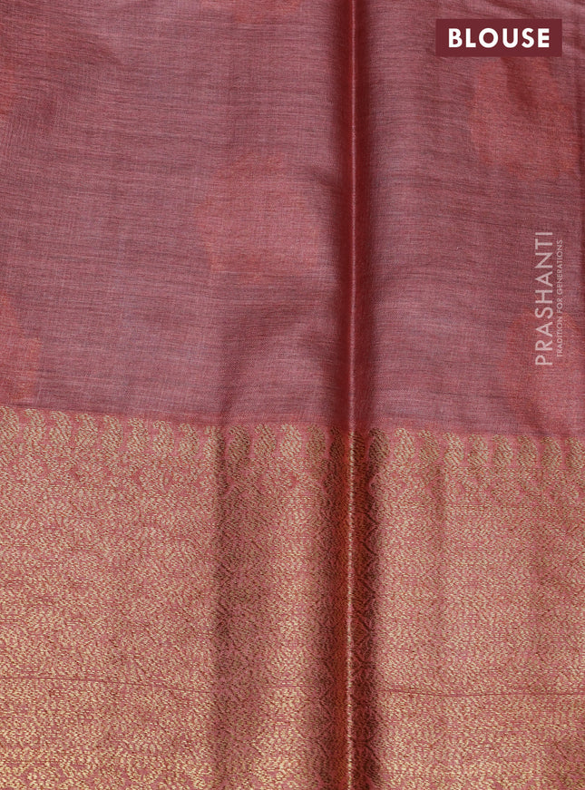 Banarasi tussar silk saree peacock blue and rust shade with thread & zari buttas and banarasi style border