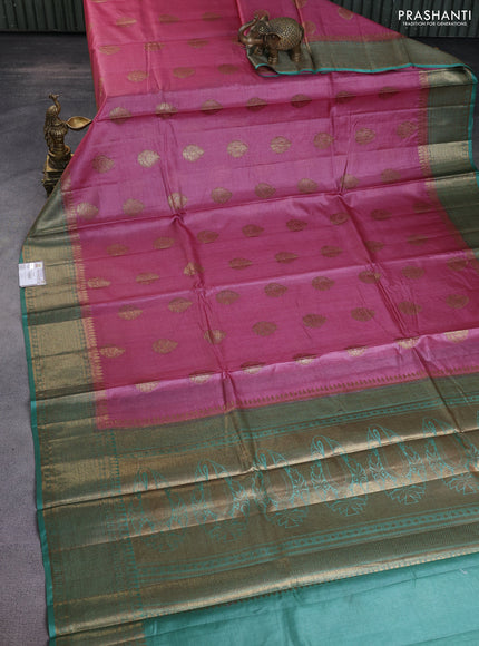 Banarasi tussar silk saree peach pink and teal green shade with thread & zari buttas and banarasi style border